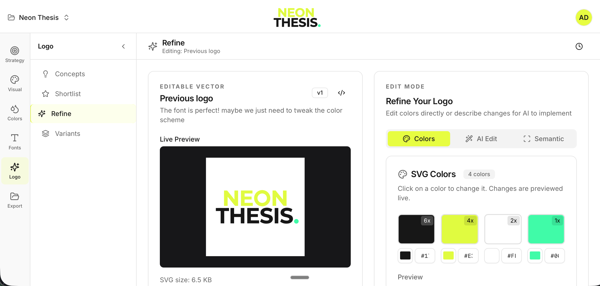 Neon Thesis Brand Editor - Edit colors, refine logos, and export production-ready SVGs
